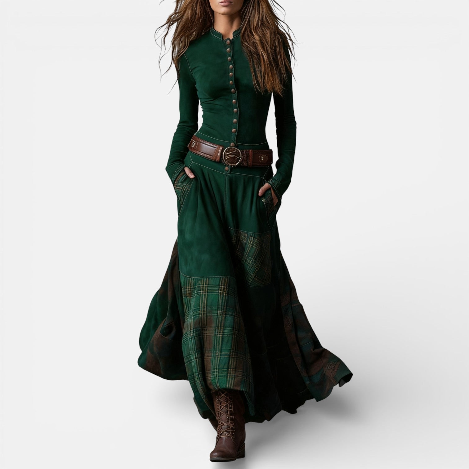 Milo Mochi | Vintage Long Dress In Navy Blue Suede Check