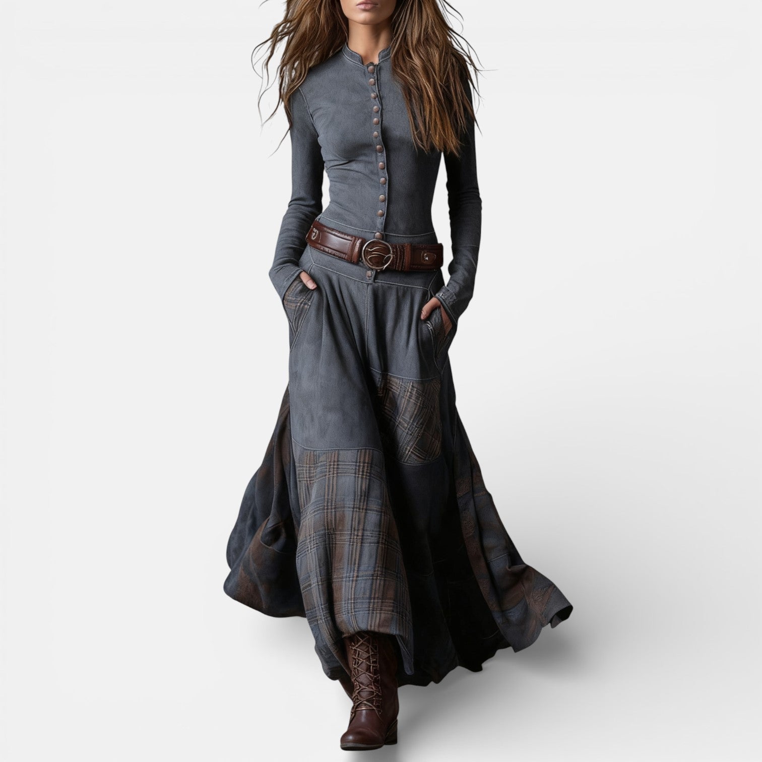 Milo Mochi | Vintage Long Dress In Navy Blue Suede Check